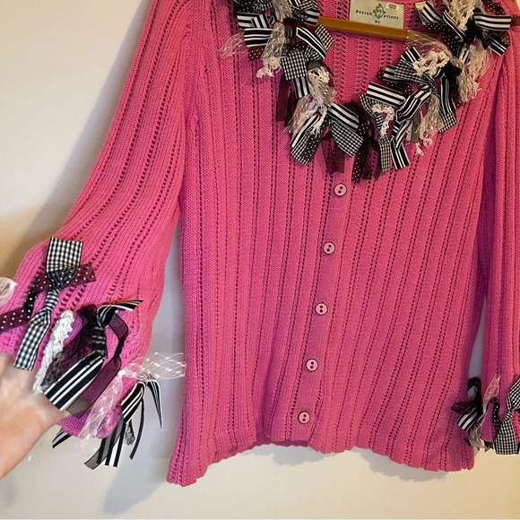 Vintage Design Options Phillip Jane Gordon bows trim cotton open knit pink M - Picture 3 of 9